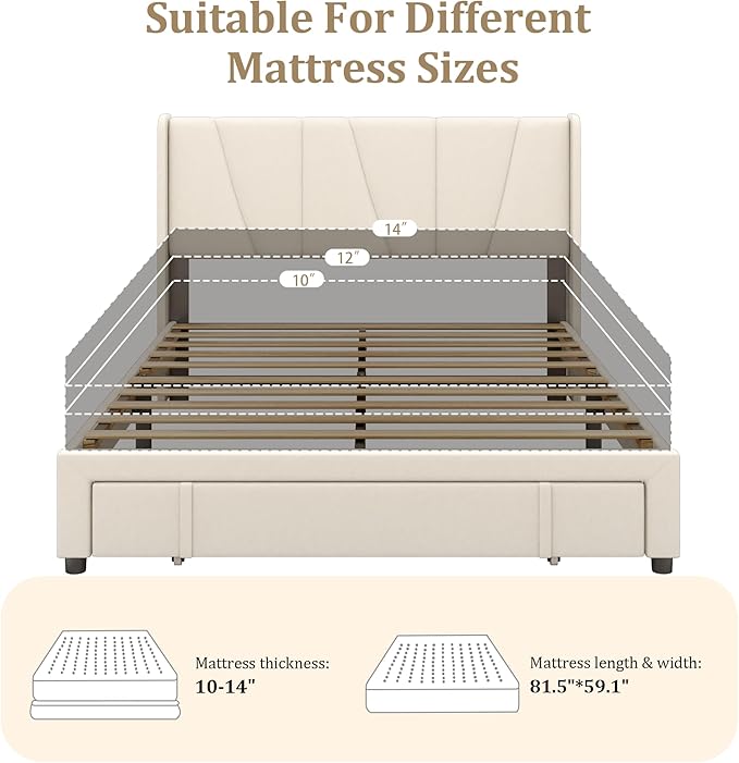 Queen Bed Frame with Storage Drawers, Upholstered Platform Bed with Headboard - Image 7
