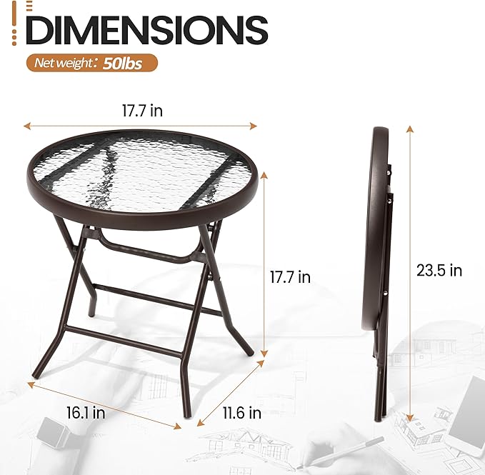 Foldable Side Table with Tempered Glass Top 18" Outdoor Folding Side Table - Image 2