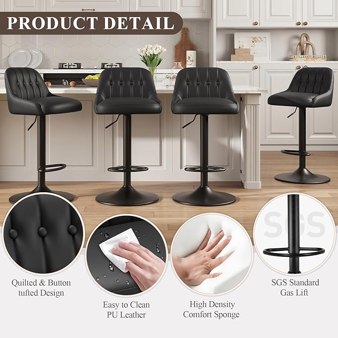 Bar Stools Set of 3, Swivel Bar Chairs, Modern Adjustable PU Leather - Image 3