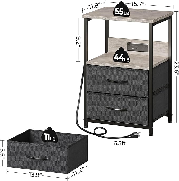 Seventable Nightstand with Charging Station, Bedside Table with LED Lights - Image 3