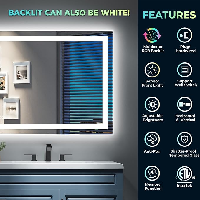 44x36 Inch RGB LED Bathroom Mirror Front Lit and RGB Backlit Lighted Vanity - Image 2