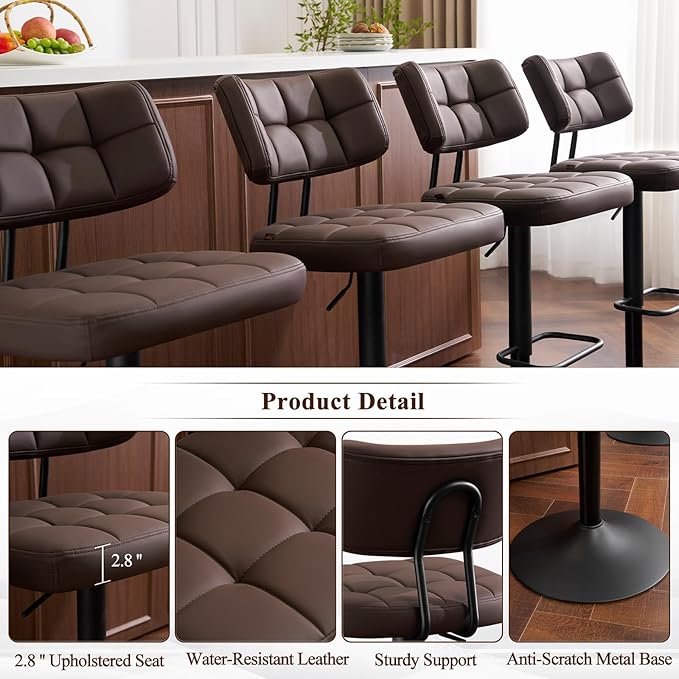 Furniliving Modern Bar Stools Set of 2 Faux Leather, Upholstered Swivel - Image 6