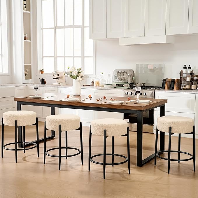 Modern Dining Chairs Set of 4, 23.6" Beige Round Backless Boucle Sherpa by Viroformo