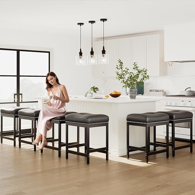 MALOL Set of 6 Saddle Bar Stools Counter Height 24.4”, Modern PU Leather - Image 3