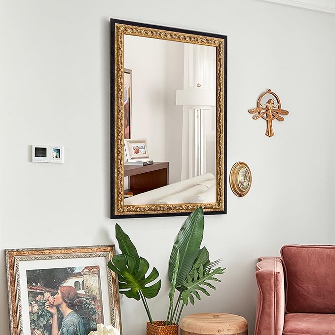 Vintage Gold Mirror 36”x24”, Antique Handmade Aging, - Image 5