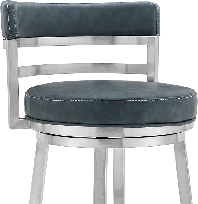 Armen Living Madrid 26" Seat Height Swivel Modern Blue Faux Leather and Brushed - Image 5