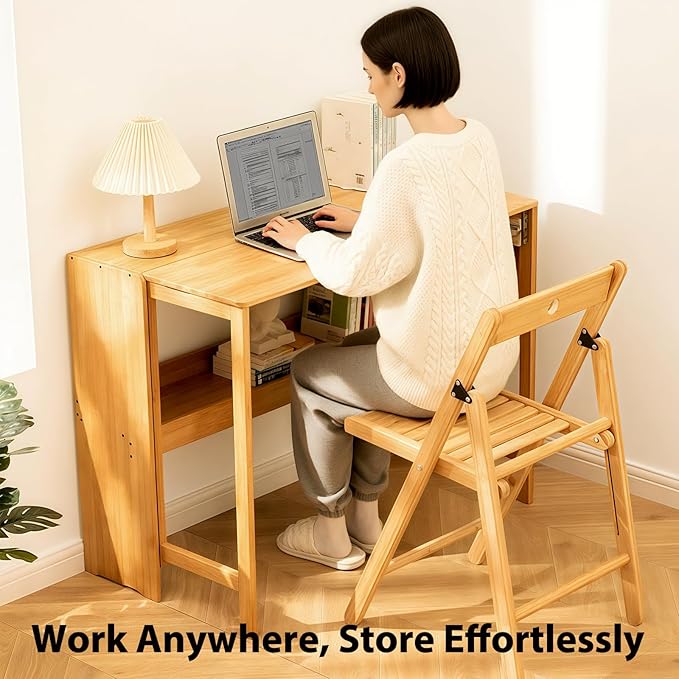 39.37" Bamboo Folding Desk, Space-Saving Computer Desk - Image 4