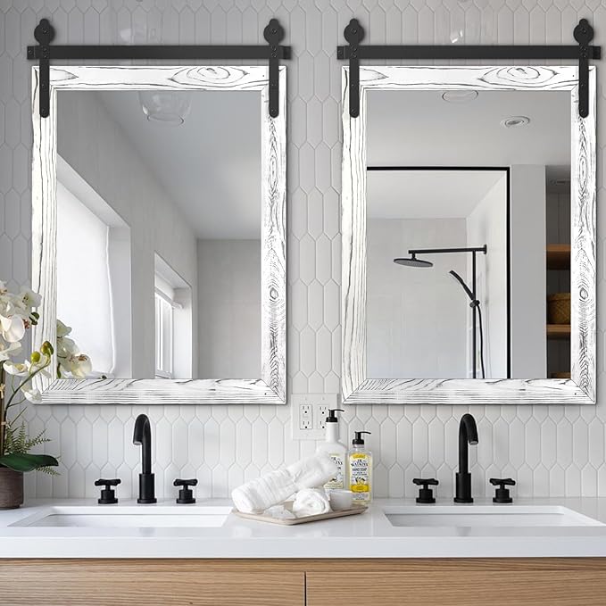 YOSHOOT Farmhouse Barn Door Mirror, Wall Mounted Vintage Mirror, Wooden - Image 3