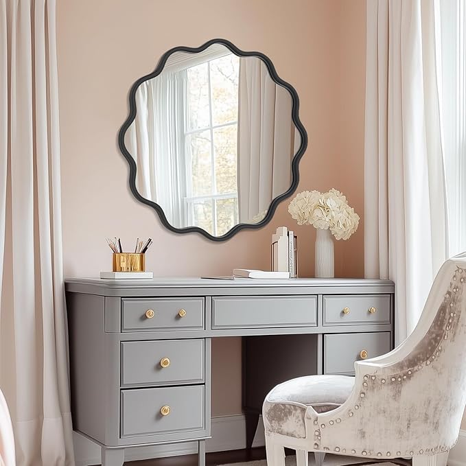 PROHOMEWARE Black Round Mirror 30 Inch Wavy Bathroom Vanity Mirror Black Frame - Image 7