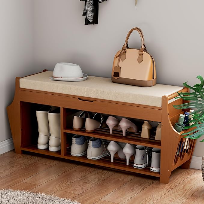 39.4in Shoe Bench with 2 Side Holder, 3 Tier Bamboo Entryway Bench with Storage by OAKVIVOElegantLifestyle