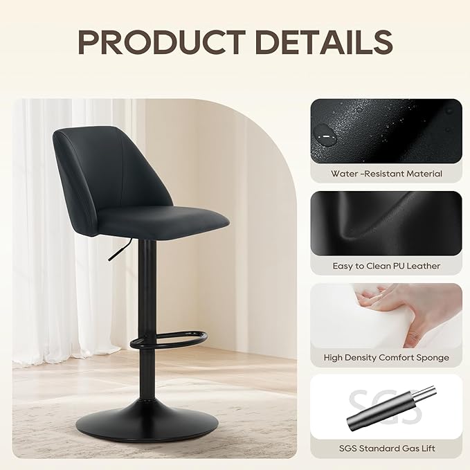 COLAMY Bar Stools Set of 3, Modern Swivel Bar Chairs, Adjustable PU Leather - Image 5