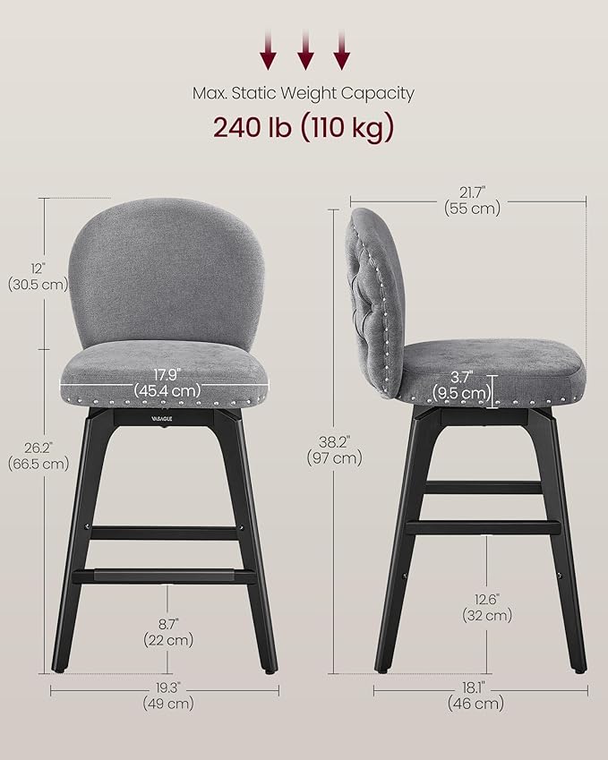 VASAGLE Bar Stools Set of 2, Swivel Counter Height Bar Stools - Image 2