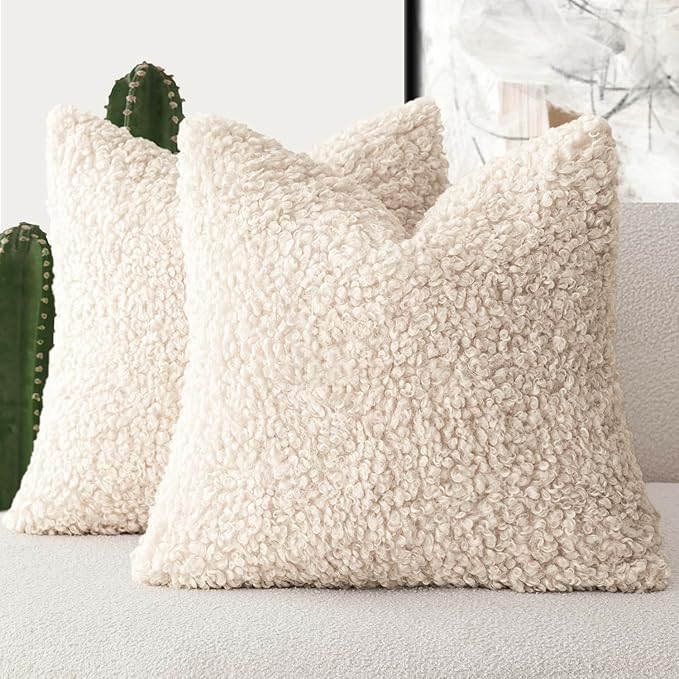 Foindtower 2 Pieces 18x18 Inch Cream Beige, Faux Fur Throw Pillow Cover Accent by Foindtower