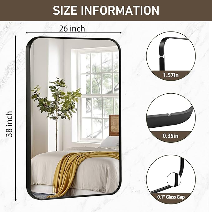 Black Bathroom Mirror, 26x38 Inch Matte Black Mirror, Aluminum Alloy Framed - Image 5