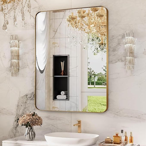 22x30 Inch Brushed Gold Mirror for Bathroom, Rounded Rectangle Mirrors Wall - Image 2