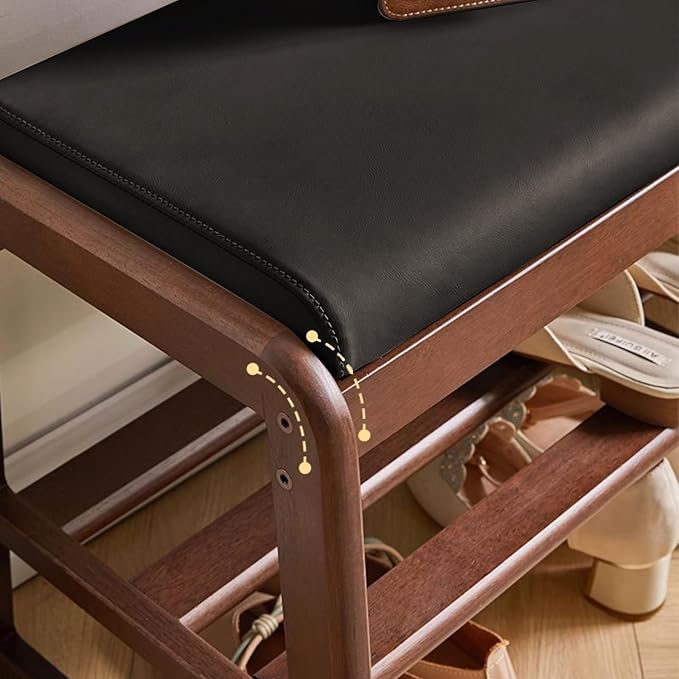 Wooden Shoe Storage Bench with Padded Top Cushion, Two-Tier Wooden Shoe Rack - Image 5