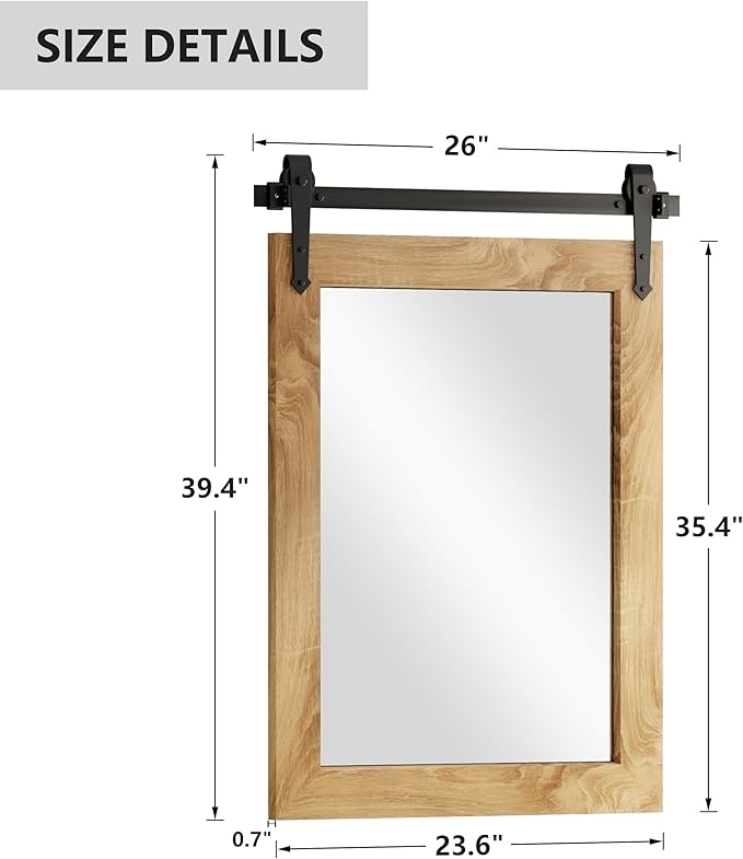 Farmhouse Bathroom Mirror 26”x40” Rustic Wood Framed Wall Mirror Barn Door - Image 5