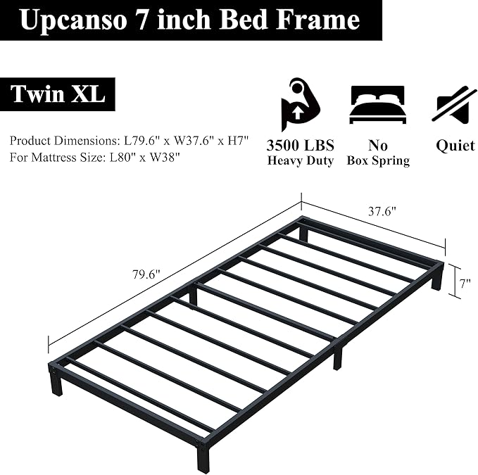 7 Inch XL Twin Bed Frames No Box Spring Need, Low Profile Metal Platform Twin - Image 3