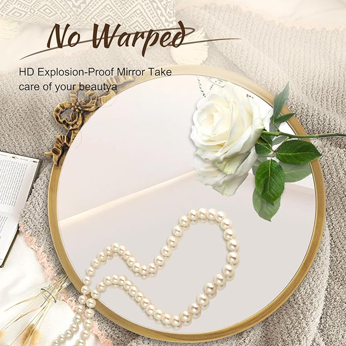 Vintage Round Mirror Antique Gold Vanity Mirrors 12inch Metal Ornate Circle - Image 2