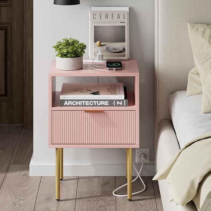 Masupu Nightstand with Charging Station, Mid-Century Modern Bedside Table with - Image 9