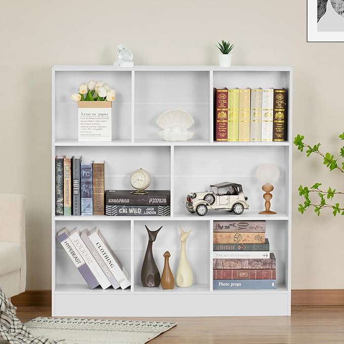 YAHARBO 5 Cube White Bookshelf, Small Modern Horizontal Bookcase, Wood Floor - Image 7