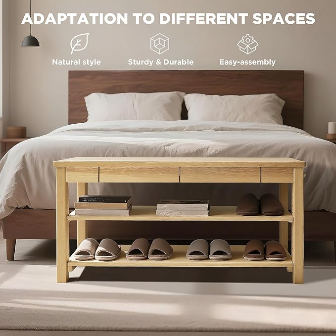 Wood Shoe Bench Entryway with Drawer: 2-Tiers Wooden Storage Shoe Rack with - Image 8