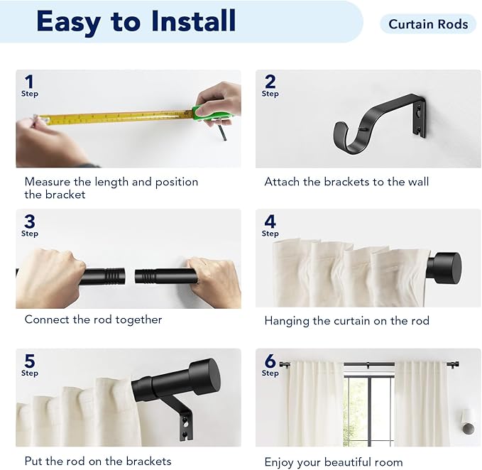 2 Pack Curtain Rods for Windows 48 to 84 Inch, 1 Inch Black Adjustable Heavy - Image 7
