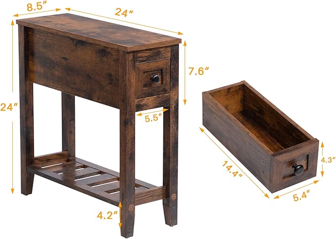 Brown Chairside Narrow End Table, Solid Wood Recliner Side Table - Image 2