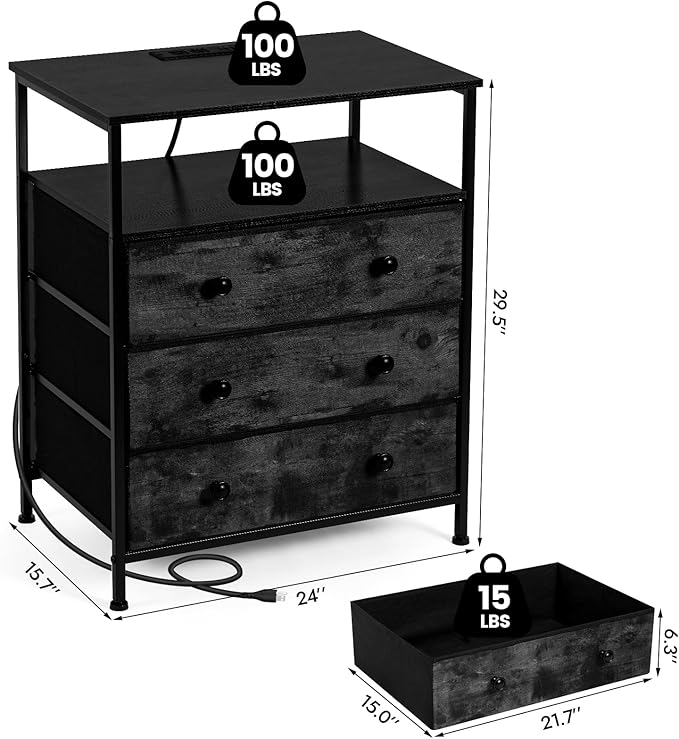 3 Drawers Dresser with Charging Station, 24 Inch Wide LED Night Stand with - Image 3