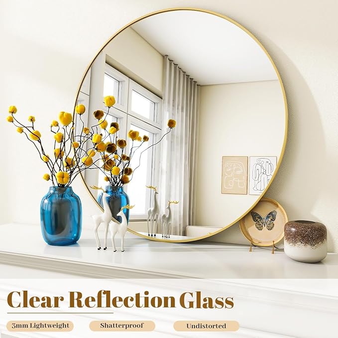 Gold Round Bathroom Mirror, 20 inch Circle Wall Mounted Hanging Mirror - Image 4