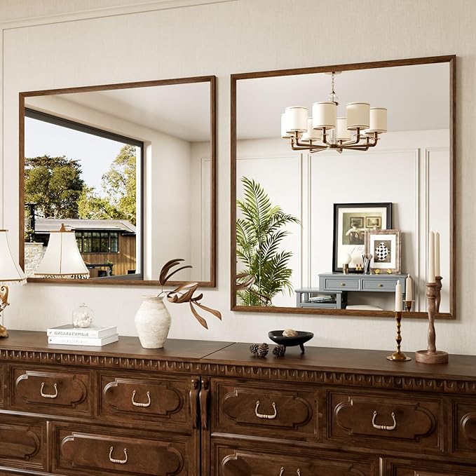 Rectangle Bathroom Mirror 40x36 Inch, Walnut Wood Grain Framed, Anti-Rust & 4mm - Image 8