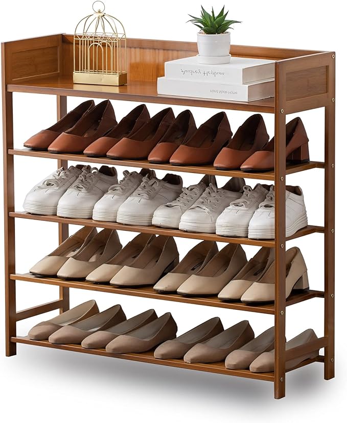 Bamboo Shoe Rack Organizer, 5 Tier Shoe Shelf Storage Organizer, by Suwoic