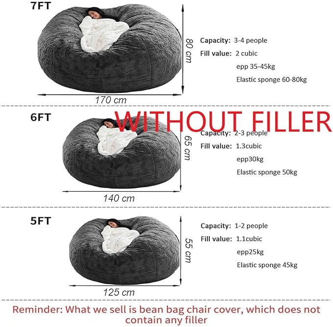 Bean Bag Chair for Adults Kids Without Filler Fluffy Comfy Giant Round Beanbag - Image 2