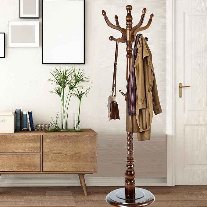 Coat Racks Free Standing with 11 Hooks, Natural Wood Coat Stands by Sauqzoh