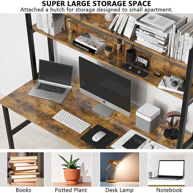 Aquzee Computer Desk with Hutch, 47“W x 23.6" D Desk with Shelves, Tall Home - Image 5