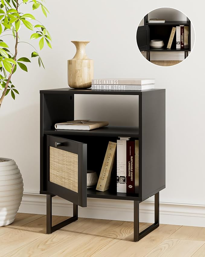 Rattan Nightstand, Boho Night Stand Farmhouse Wood Bedside Table - Image 5