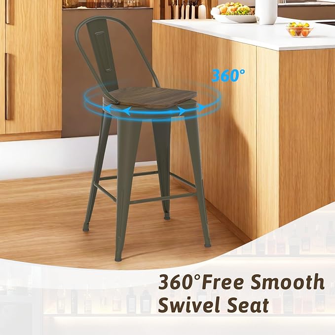 24” Swivel Bar Stools Set of 4, Counter Height Bar Stools Wooden Seat, Metal - Image 7