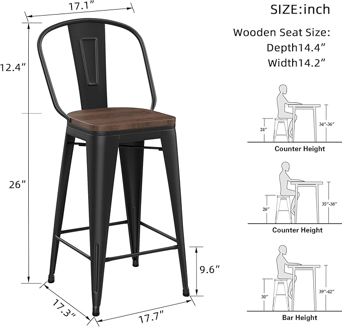 Yongqiang 26 inch Bar Stools Set of 4 High Back Metal Kitchen Counter Height - Image 2