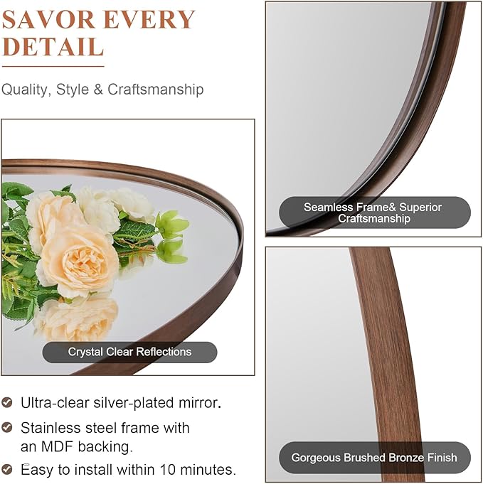 ANDY STAR Bronze Bathroom Mirror, 24x32 Inch Brushed Bronze Oval Mirror - Image 3