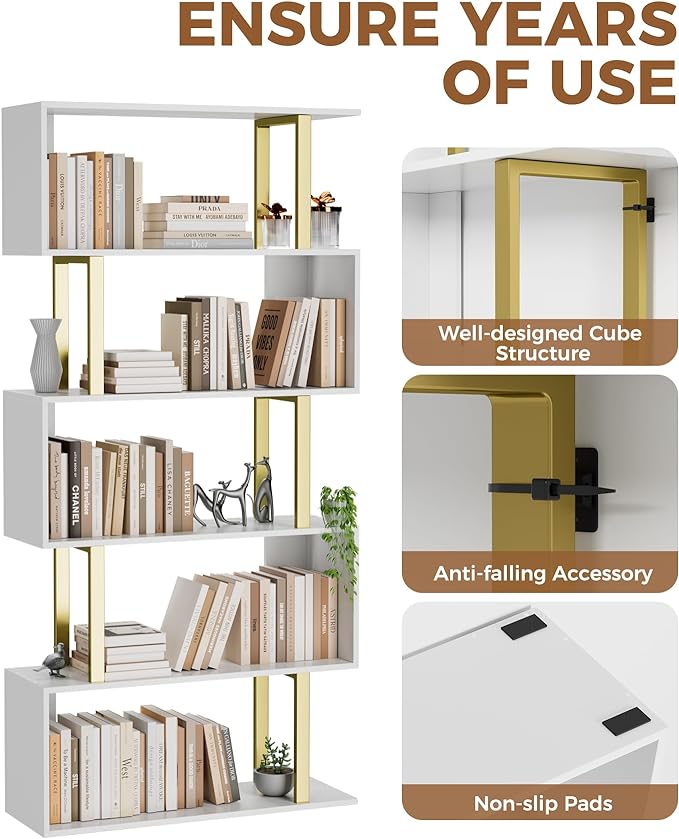 Gadroad 5 Tier Geometric Bookcase, S Shaped Bookshelf, Wood Decorative Storage - Image 6