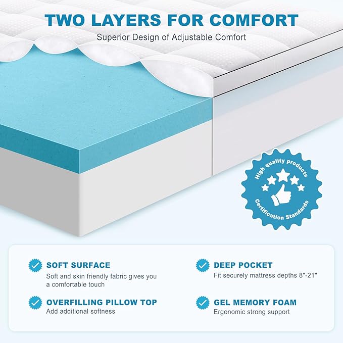 MASVIS Queen Size Dual Layer 4 Inch Memory Foam Mattress Topper, 2 Inch Gel - Image 2