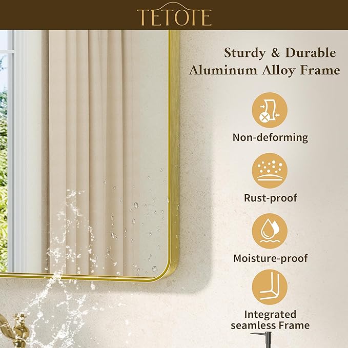TETOTE 22 x 30 Gold Bathroom Mirror Brushed Gold Metal Framed Vanity Mirror - Image 3