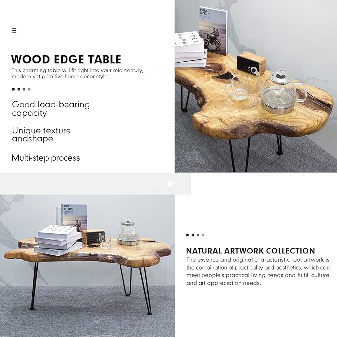 Natural Wood Edge Contemporary Coffee Cocktail Table, Live Edge Coffee Table - Image 5