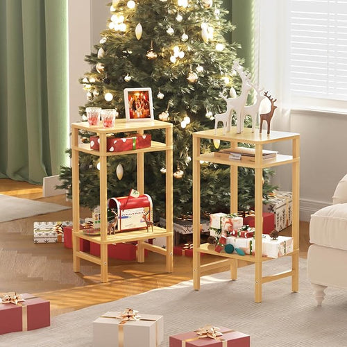 28in Tall Bamboo Side Table 3-Tier Small Narrow End Table, Skinny Nightstand - Image 2