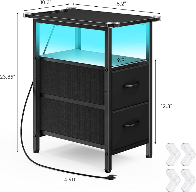 Vagusicc Black Nightstand with Charging Station and LED Lights, Narrow Side - Image 3