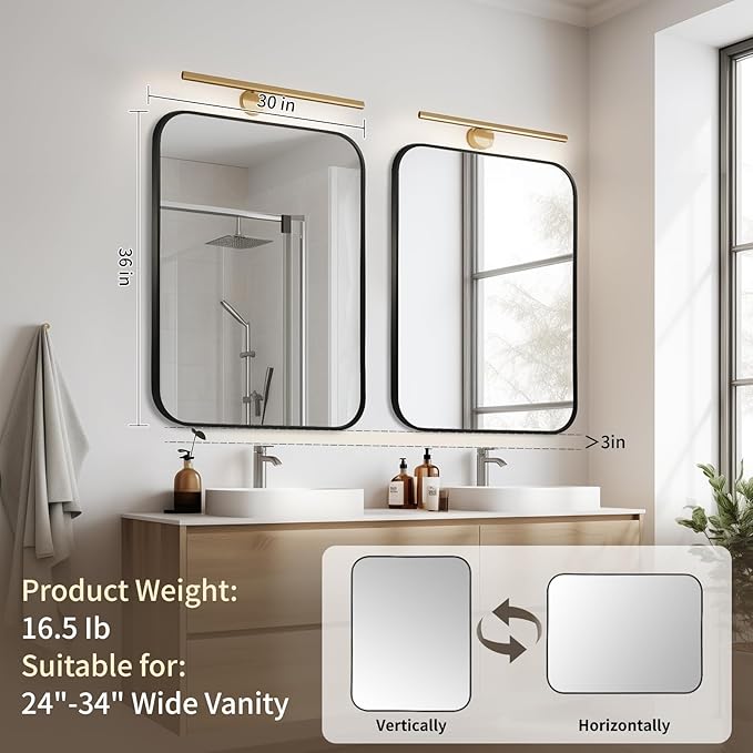 Black Bathroom Mirror, 30x36 Inch Aluminum Frame Rectangle Mirror, Tempered - Image 7
