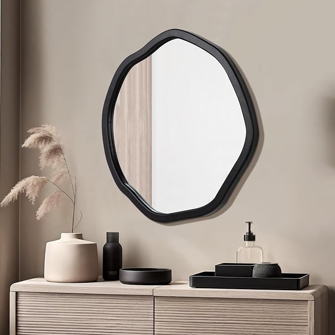 ULIKE Round Wood Mirror 24 Inch Circle Wall Mirror, Asymmetrical Bathroom - Image 3