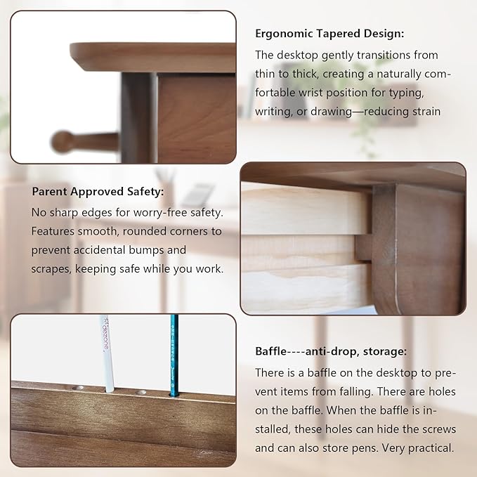 Oak Desk with Drawers, Solid Wood Desk with Bookshelf Small Computer Desk - Image 6