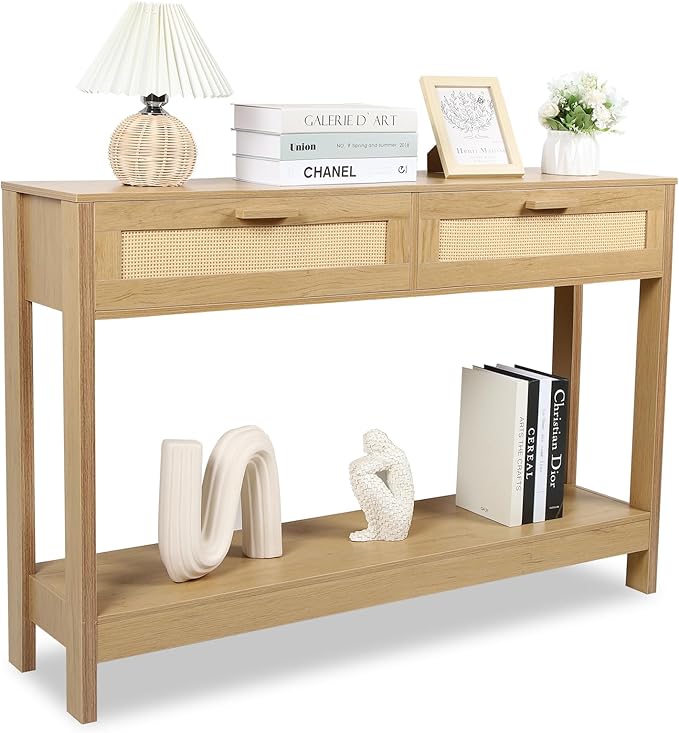 Console Table with Rattan Drawers, Boho Rattan Entryway Table with Storage by XDliv