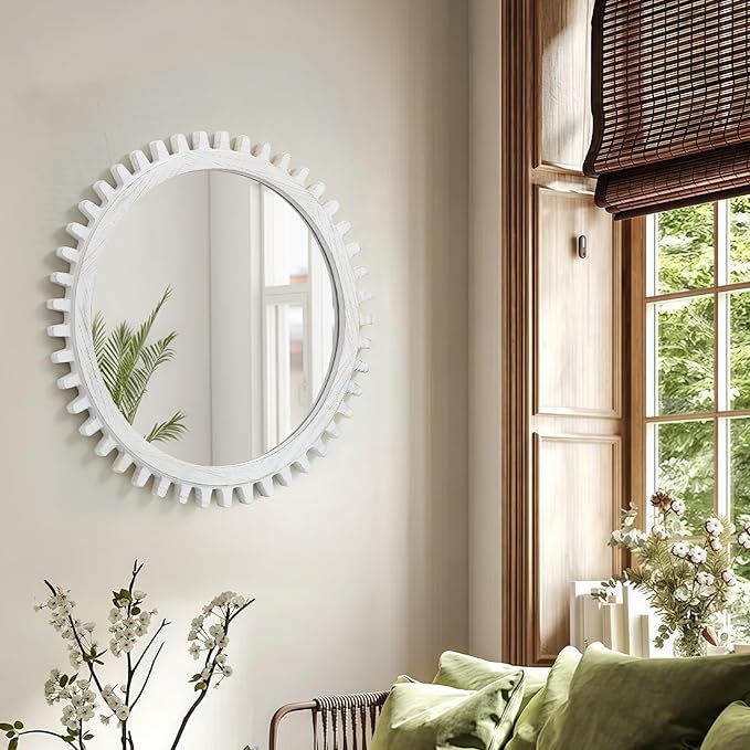 ULIKE Round Wood Mirror, 30 Inch Rustic Farmhouse Circle Mirror - Image 7